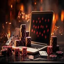 Live casino dealer table with cards and chips for online players